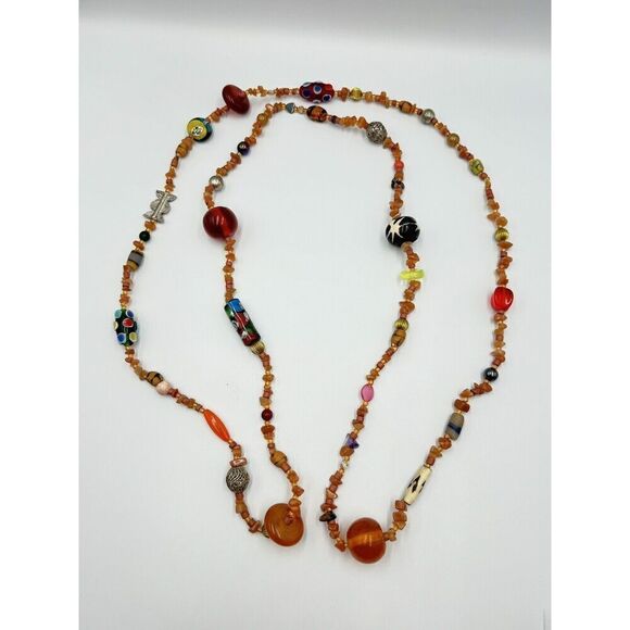 Artisan Natural Stone Amber Copal Uranium Vaseline Glass Long Beaded Necklace - Picture 2 of 13